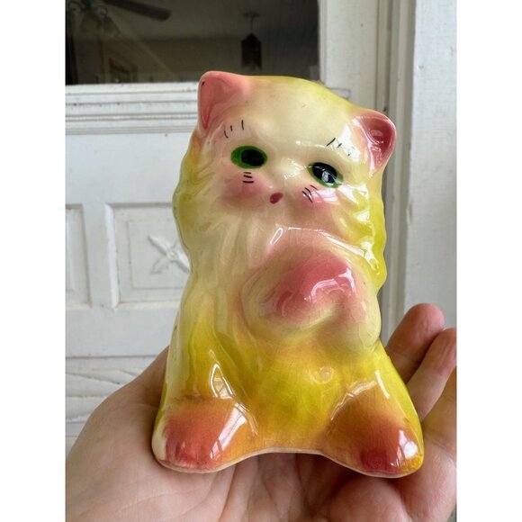 Vintage 50's Yellow Ceramic Cat Kitten Planter Pot Vase Kitsch Retro - Picture 12 of 14